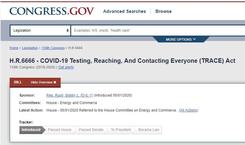 HR6666 BILL introduced. COVID-19 Testing, Reaching, And Contacting EVERYONE (TRACE) Act